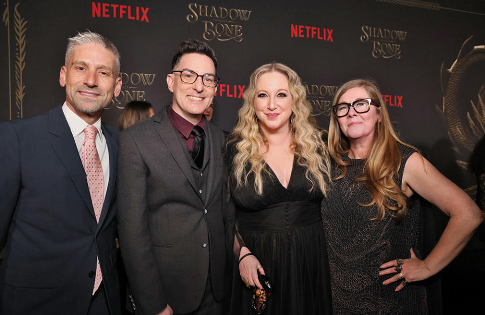 (L-R) Josh Barry, Eric Hesserer, Leigh Bardugo and Daegan Fryklind attend Netflix's Shadow & Bone Season 2 Premiere at Netflix Tudum Theater on March 09, 2023 in Los Angeles, California.