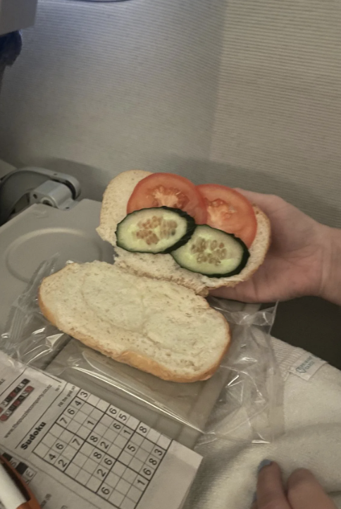 A hand holding a sandwich with tomato and cucumber on a flight tray table with a crossword puzzle