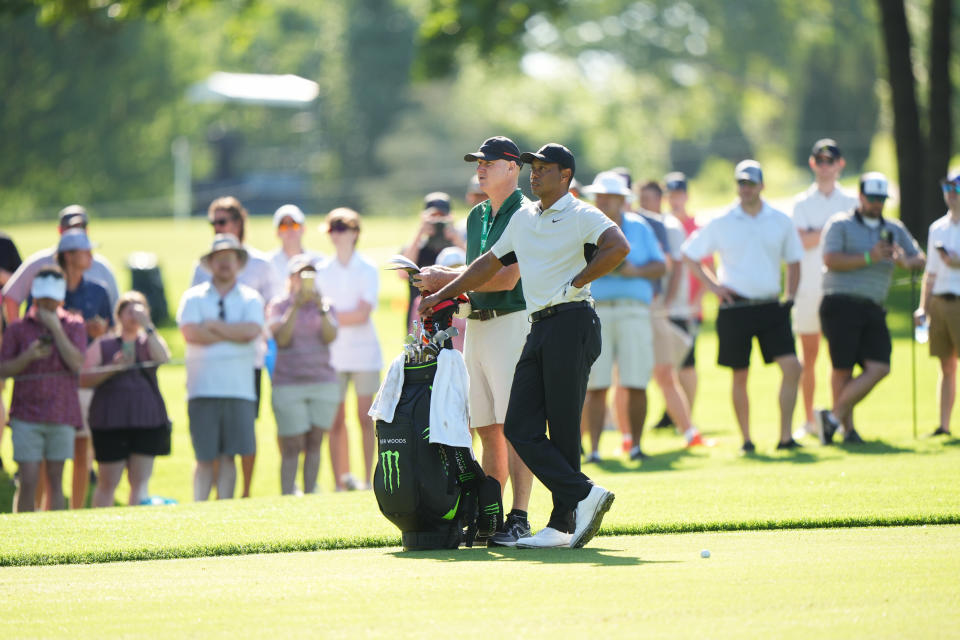 TULSA, OK - MAY 16: Tiger Woods on the 13th hole during a practice round for the 2022 PGA Championship at the Southern Hills on May 16, 2022 in Tulsa, Oklahoma. (Photo by Darren Carroll/PGA of America)