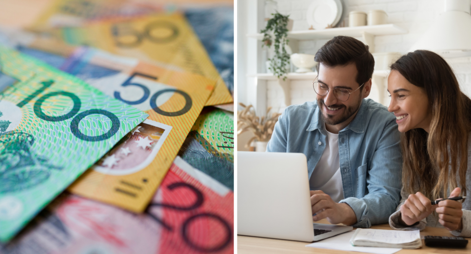 Budget 20922: Australian currency and a young couple look at a computer.