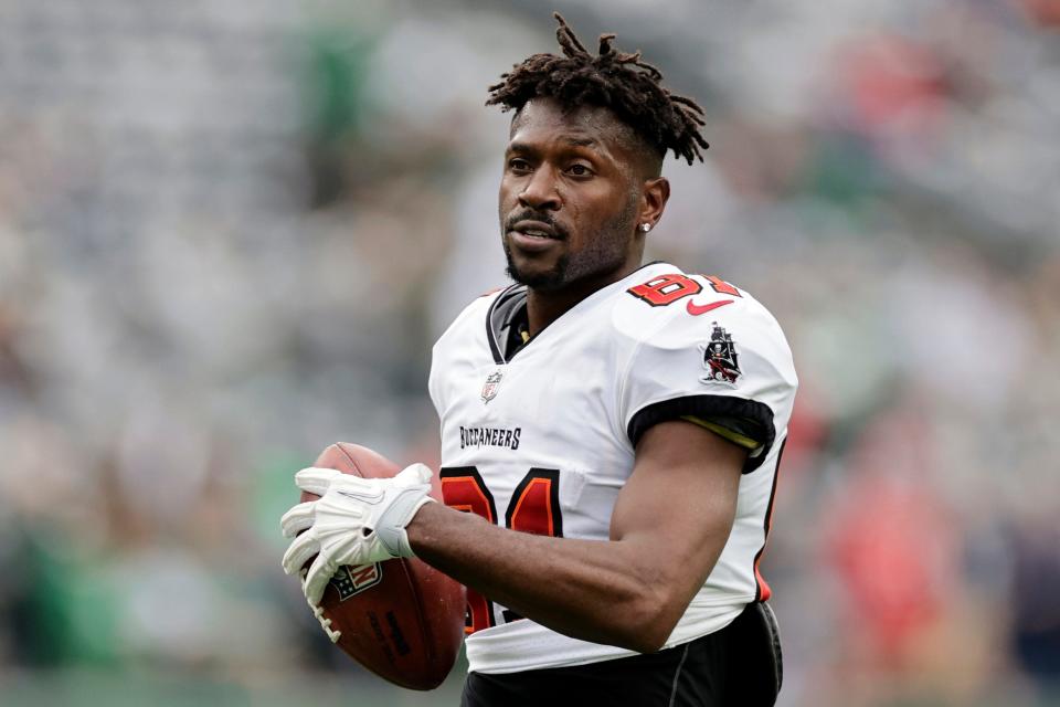 Tampa Bay Buccaneers wide receiver Antonio Brown (81) walks on the field during an NFL football game against the New York Jets, Sunday, Jan. 2, 2022, in East Rutherford, N.J.