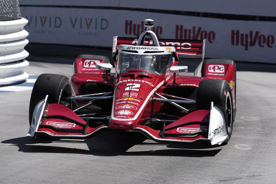 Josef Newgarden drives during practice for the IndyCar Detroit Grand Prix auto race in Detroit, Friday, May 31, 2024. (AP Photo/Paul Sancya)