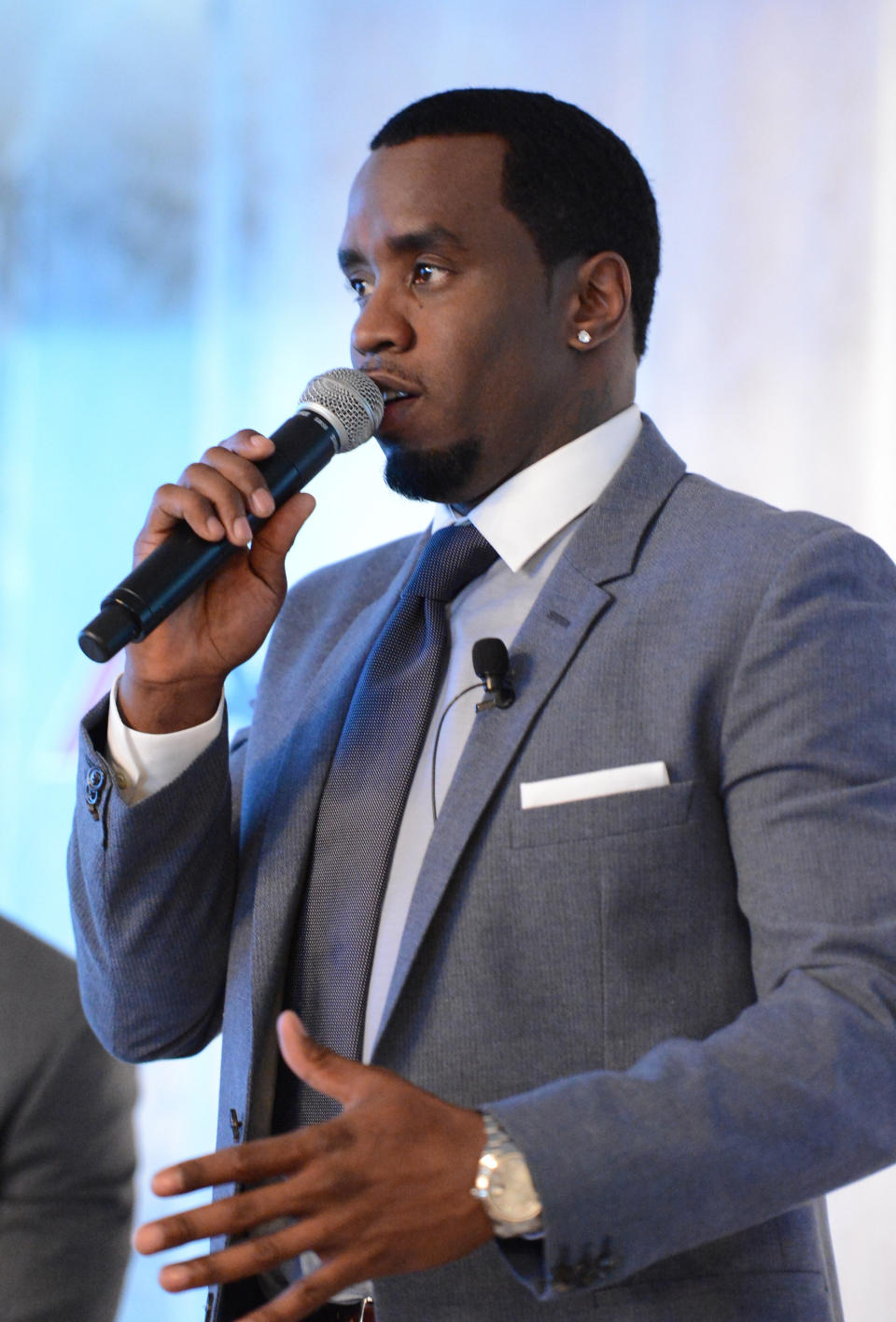 WEST HOLLYWOOD, CA - FEBRUARY 27:  Sean Combs speaks onstage during a press conference hosted by Sean Combs and Mark Wahlberg to announce their newest venture, Water Brand AQUAhydrate on February 27, 2013 in West Hollywood, California.  (Photo by Jason Merritt/Getty Images for AQUAhydrate)