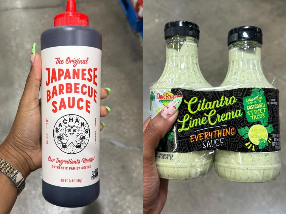 A hand holds a large bottle with a white label with a Bachan's label and illustration of an octopus; A hand holds a two-pack of cilantro lime crema, which has glass bottles filled with a light-green sauce