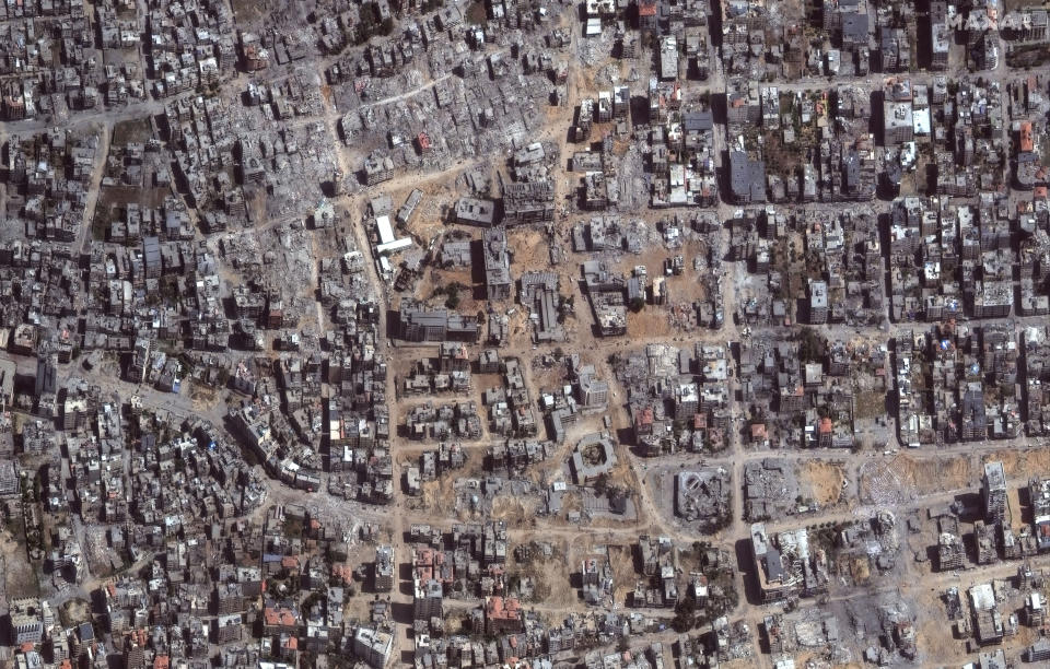 This satellite image provided by Maxar Technologies shows an overview Al Shifa hospital and surroundings in Gaza City, on Monday, April 1, 2024. (Maxar Technologies via AP)