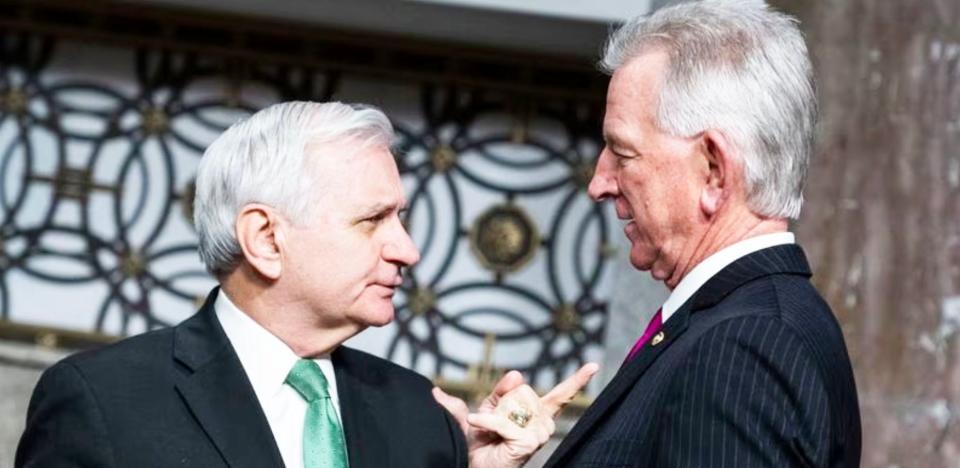 Senators Jack Reed, left, and Tommy Tuberville have been at odds over Tuberville's blockade of military promotions over the Pentagon's abortion policy.