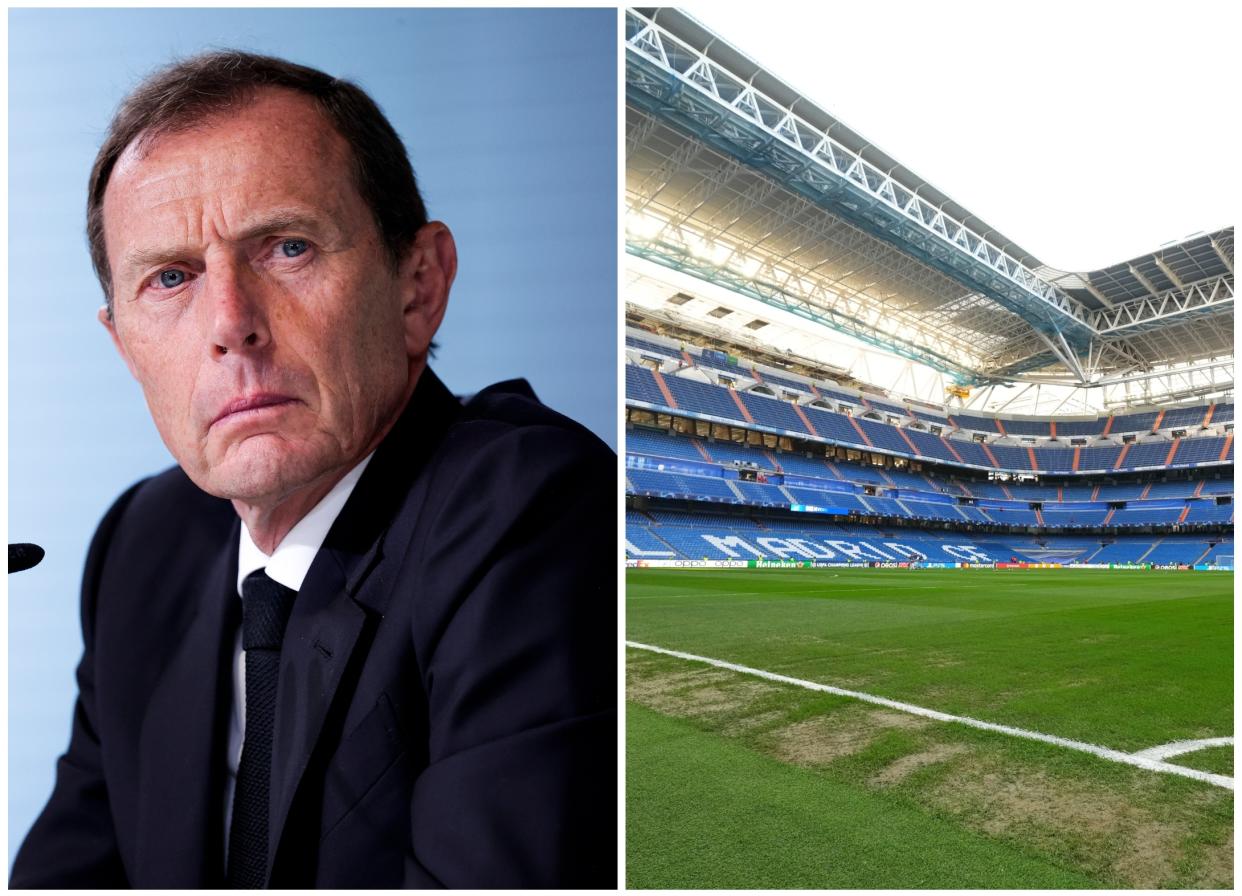 Emilio Butragueño, director de Relaciones Exteriores del Real Madrid, y detalle del césped del Santiago Bernabéu. (Foto: David S. Bustamante / Soccrates / Getty Images / Angel Martinez / Getty Images).