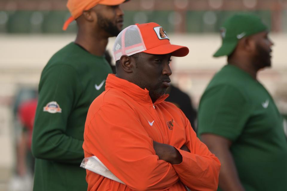 Florida A&M head coach James Colzie III looks on during the Rattlers' first day of spring football practice in pads on Ken Riley Field at Bragg Memorial Stadium in Tallahassee, Florida, Friday, March 8, 2024.