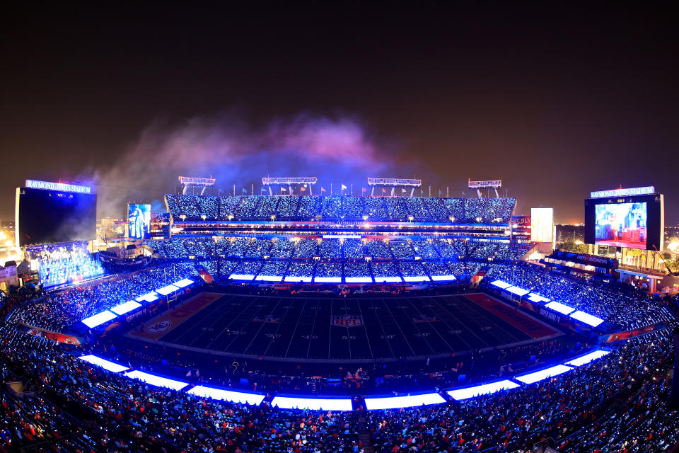 <p>TAMPA, FLORIDA - FEBRUARY 07: A view of the stadium as The Weeknd performs during the Pepsi Super Bowl LV Halftime Show at Raymond James Stadium on February 07, 2021 in Tampa, Florida. (Photo by Mike Ehrmann/Getty Images)</p> 