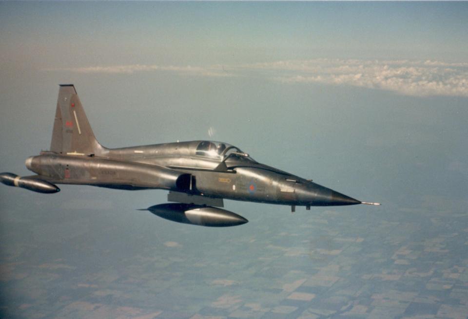 A student approaches the hose on the 707 refueller. This CF-5 had a light configuration compared to the one I learned to do air refueling with. <em>Dan McWilliams</em><br>