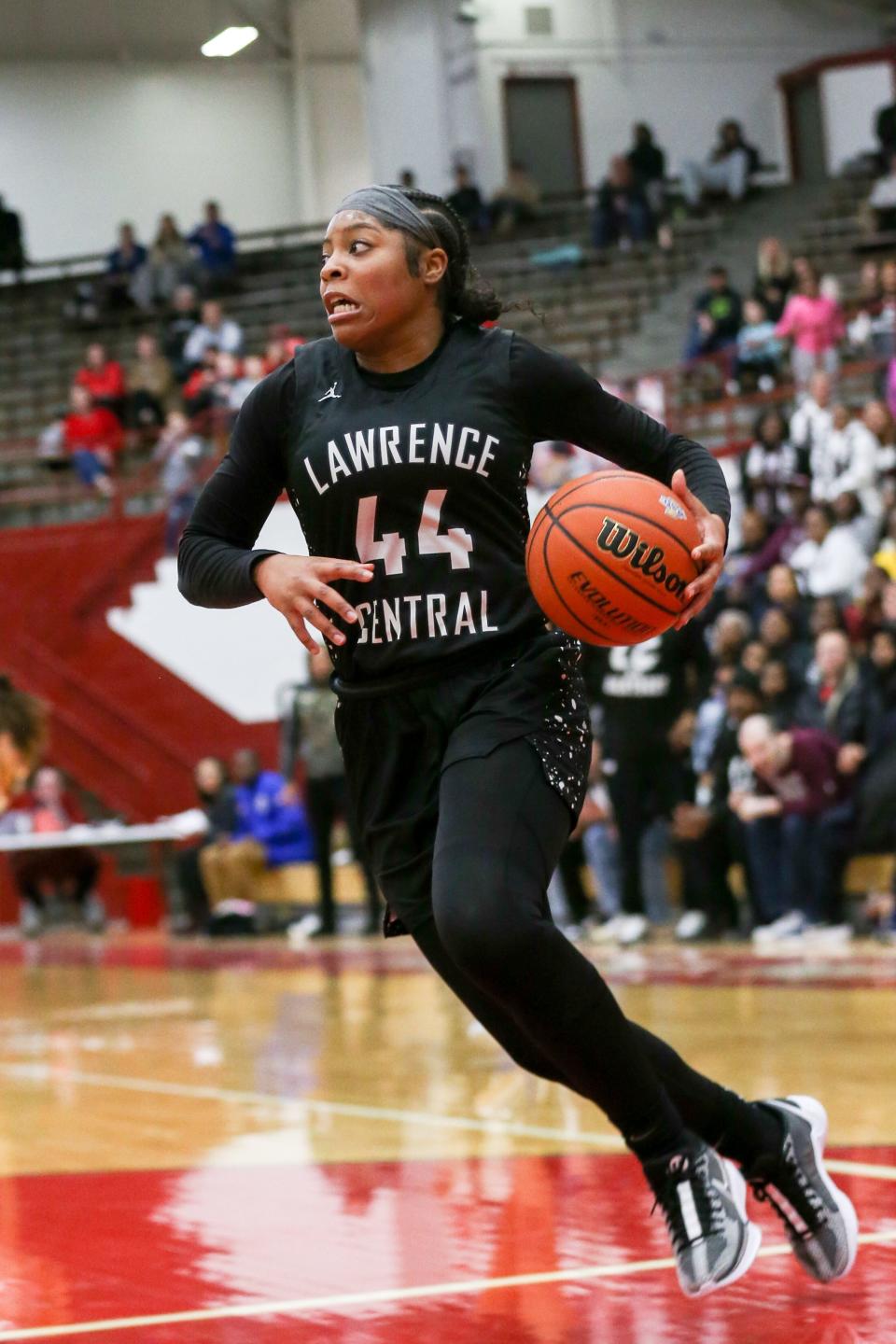 Lawrence Central Laila Abdurraqib (44) on a fast break to the basket as Lawrence Central takes on Center Grove High School in the Girls Class 4A IHSAA Southport Semi-state basketball championship, Feb 17, 2024; Indianapolis, IN, USA; at Southport High School