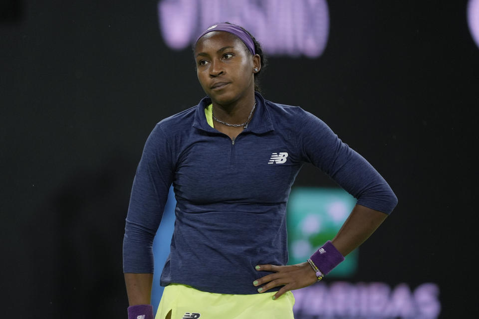 Coco Gauff, of the United States, reacts after losing a point to Maria Sakkari, of Greece, during a semifinal at the BNP Paribas Open tennis tournament in Indian Wells, Calif., Friday, March 15, 2024. (AP Photo/Ryan Sun)