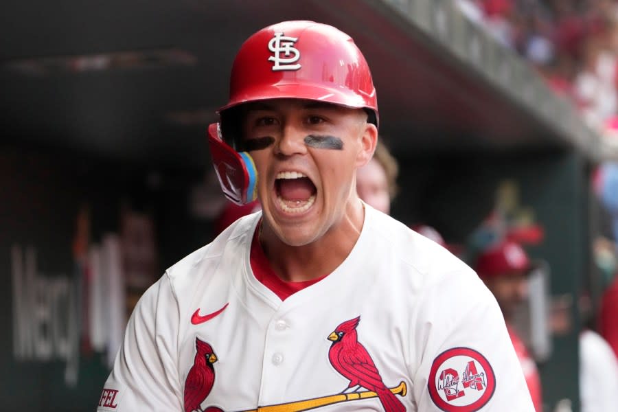 St. Louis Cardinals’ Lars Nootbaar celebrates after hitting a solo home run during the second inning in the second game of a baseball doubleheader against the Kansas City Royals Wednesday, July 10, 2024, in St. Louis. (AP Photo/Jeff Roberson)