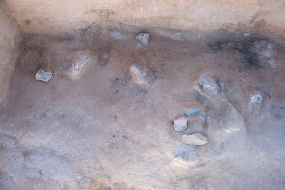 The remnants of an 8,200-year-old hearth uncovered by members of the 49th Civil Engineer Squadron environmental flight at Holloman Air Force Base, March 7, 2024. The site named Gomolak Overlook is one of 400 documented sites on Holloman.