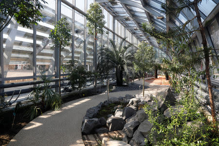 Greenhouses are seen around the new tennis court Simonne Mathieu by architect Marc Mimram during its opening ceremony at Roland Garros tennis stadium in Paris, France, March 21, 2019. REUTERS/Charles Platiau