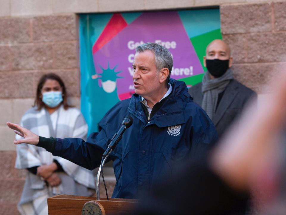 <p>Mayor Bill de Blasio warns New York City will run out of vaccine doses by Thursday</p> (AP)