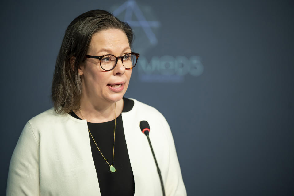 Sweden's Ministry of JusticeMaria Malmer Stenergard talks to reporters at a press conference at the "MED 5" interior ministers meeting in Valletta, Malta, Saturday, March 4, 2023. (AP Photo/Rene Rossignaud)