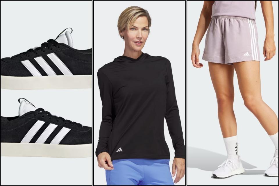 adidas shoes, someoe wearing an adidas golf sweater, someone wearing adidas shorts