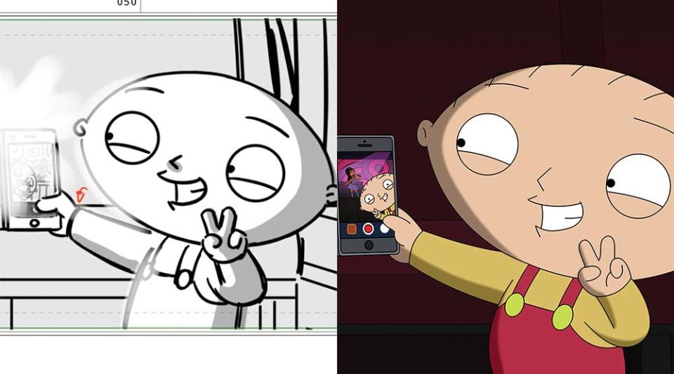 Storyboard sketches and scenes from Family Guy’s 400th episode, “Get Stewie,” set to air Nov. 20.