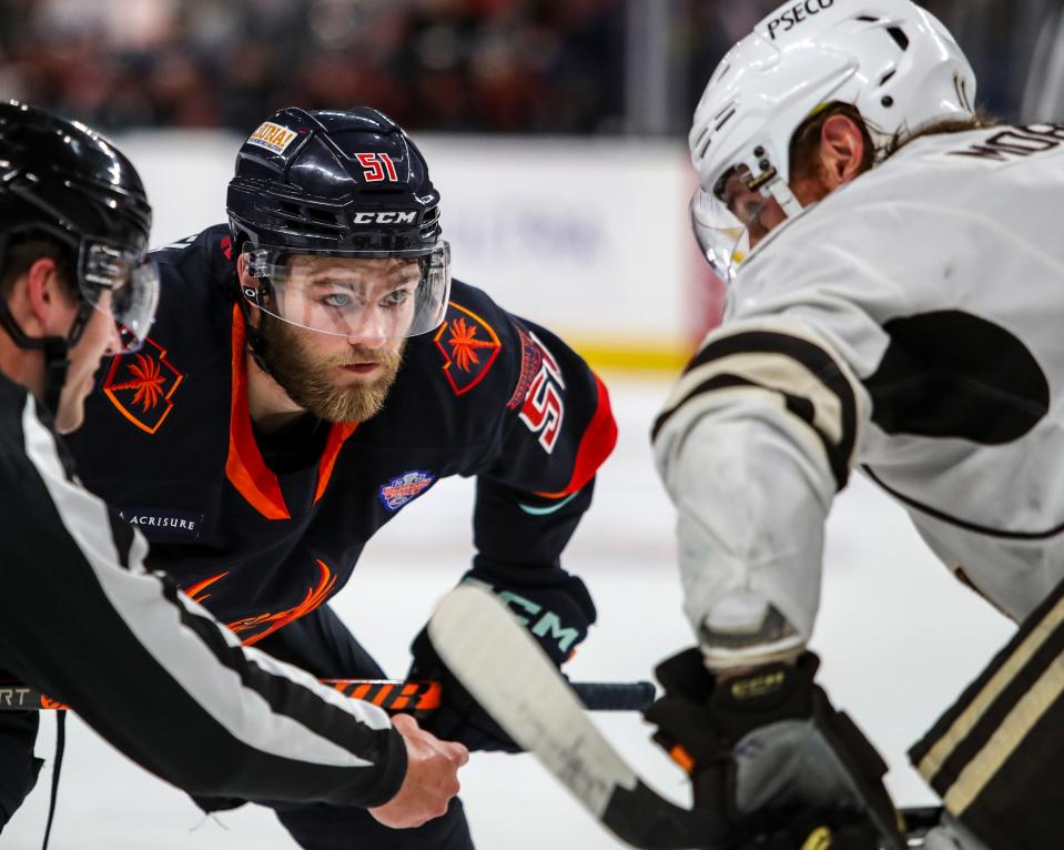 Coachella Valley forward Shane Wright (51) gets ready to face off with Hershey forward Mason Morelli (11) during the first period of Game 7 of the Calder Cup Finals at Acrisure Arena in Palm Desert, Calif., Wednesday, June 21, 2023. 