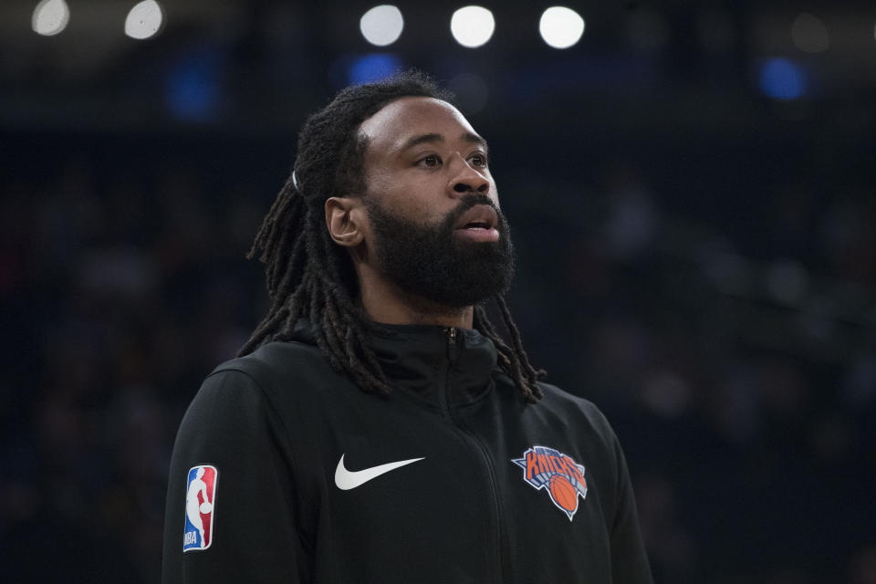 New York Knicks center DeAndre Jordan warms up before the start of an NBA basketball game against the Chicago Bulls, Monday, April 1, 2019, at Madison Square Garden in New York. (AP Photo/Mary Altaffer)