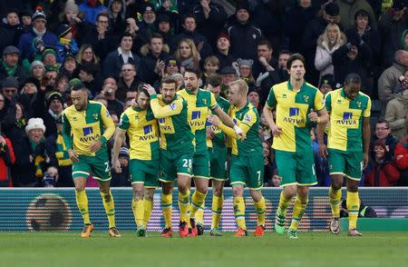 Football Soccer - Norwich City v West Ham United - Barclays Premier League - Carrow Road - 13/2/16 Wes Hoolahan celebrates scoring the second goal for Norwich City Action Images via Reuters / Craig Brough Livepic