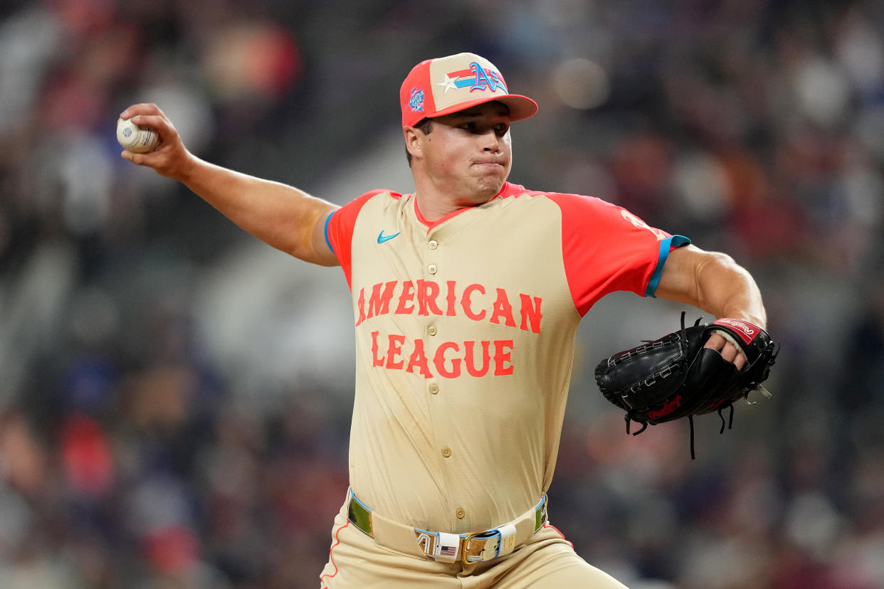 ARLINGTON, TEXAS - JULY 16: Mason Miller #19 of the Oakland Athletics pitches against the National League in the fifth inning during the 94th MLB All-Star Game presented by Mastercard at Globe Life Field on July 16, 2024 in Arlington, Texas. (Photo by Sam Hodde/Getty Images)