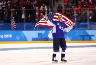 <p>Gigi Marvin #19 of the United States celebrates after defeating Canada in a shootout to win the Women’s Gold Medal Game on day thirteen of the PyeongChang 2018 Winter Olympic Games at Gangneung Hockey Centre on February 22, 2018 in Gangneung, South Korea. (Photo by Jamie Squire/Getty Images) </p>