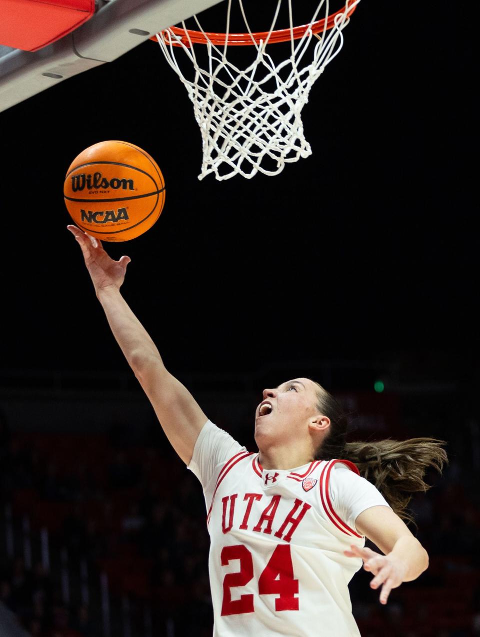 Utah Utes guard Kennady McQueen (24) shoots the ball during the women’s college basketball game between the Utah Utes and the Oregon State Beavers at the Jon M. Huntsman Center in Salt Lake City on Friday, Feb. 9, 2024. | Megan Nielsen, Deseret News