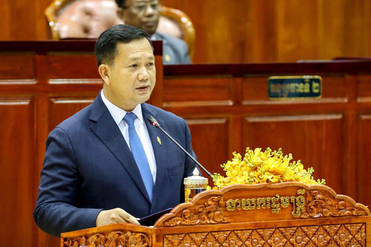 Cambodia’s Prime Minister Hun Manet delivering a speech during a parliamentary meeting at the National Assembly building (AFP via Getty Images)