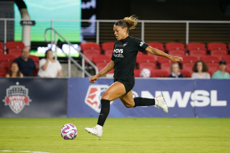 Jun 3, 2023; Washington, District of Columbia, USA; Washington Spirit forward Trinity Rodman (2) kicks the ball against Racing Louisville FC during the first half at Audi Field. Mandatory Credit: Amber Searls-USA TODAY Sports ORG XMIT: IMAGN-524601 ORIG FILE ID:  20230603_gma_si2_0077.jpg