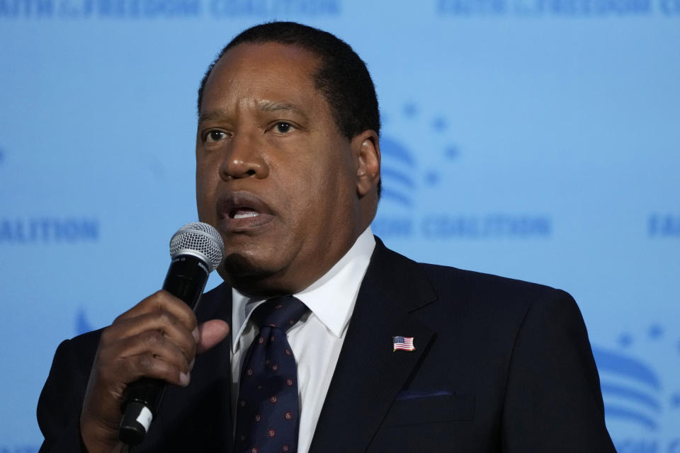 FILE - Republican presidential candidate radio show host Larry Elder speaks during the Iowa Faith and Freedom Coalition Spring Kick-Off Saturday, April 22, 2023, in Clive, Iowa. In the coming weeks, at least four additional candidates are expected to launch their own presidential campaigns, joining a field that already includes Florida Gov. Ron DeSantis, Sen. Tim Scott, R-S.C., former U.N. Ambassador Nikki Haley, former Arkansas Gov. Asa Hutchinson, tech billionaire Vivek Ramaswamy and Elder. (AP Photo/Charlie Neibergall, File)