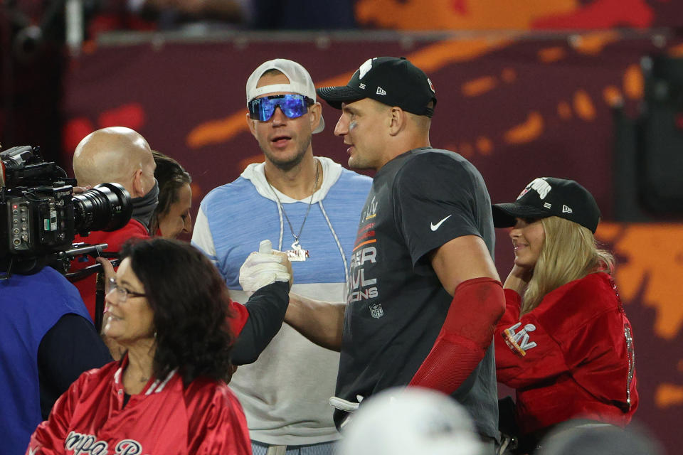 Rob Gronkowski #87 of the Tampa Bay Buccaneers celebrates after defeating the Kansas City Chiefs 31-9 in Super Bowl LV at Raymond James Stadium on February 07, 2021 in Tampa, Florida. (Photo by Patrick Smith/Getty Images)