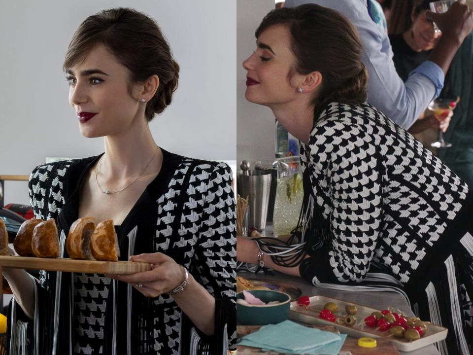 Lily Collins wearing Balmain on episode five.