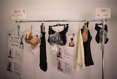 Creations hang on a rack before the GS Shop Lingerie Show featuring Wonderbra, Anna Sui and Spanx Fall 2014 collections during New York Fashion Week February 4, 2014. REUTERS/Eric Thayer