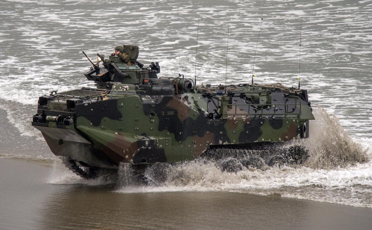 An AAV-7 amphibious assault vehicle is pictured at the U.S. Marine Corps base in Camp Pendleton, California on Feb. 19, 2014. The vehicles were replaced after one sank off the Southern California coast in 2020, killing eight Marines and one sailor. They were replaced by amphibious combat vehicles. On Tuesday, Dec. 12, 2023, a Marine was killed and 14 others injured when one of the combat vehicles rolled over.