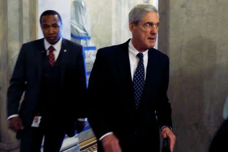 FILE PHOTO: Special Counsel Robert Mueller leaves the U.S. Capitol Building after meeting with members of the Senate Judiciary Committee in Washington, U.S., June 21, 2017. REUTERS/Aaron P. Bernstein