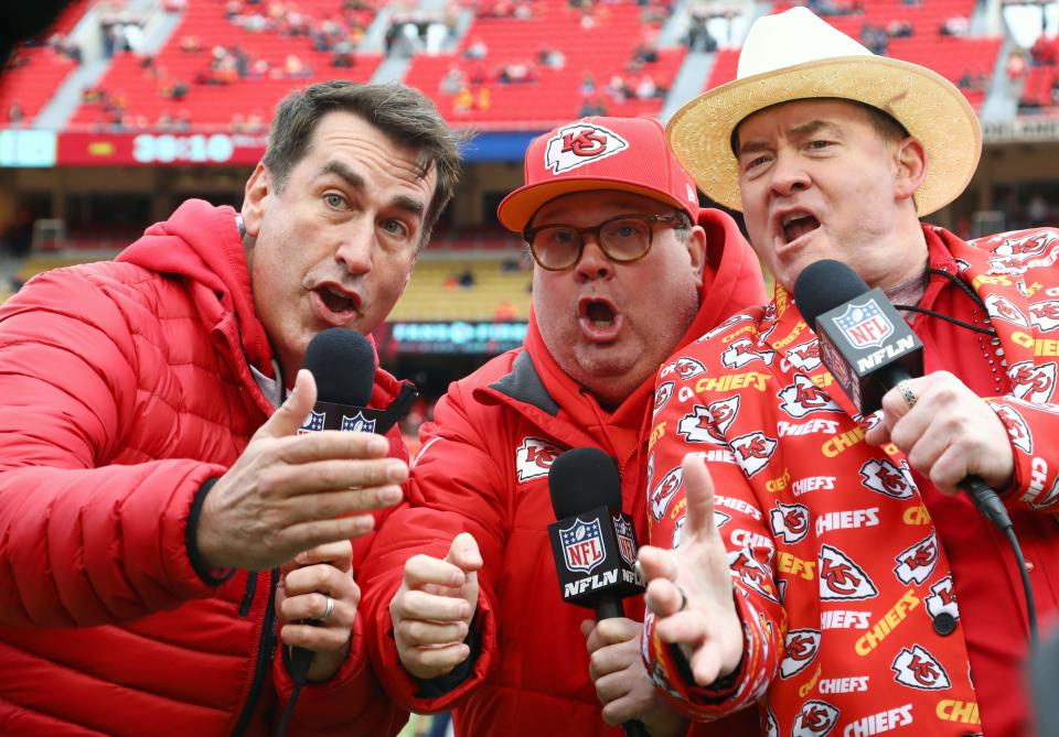 Actors Rob Riggle and Eric Stonestreet and David Koechner record a video for NFL Network before the game between the Los Angeles Chargers and the Kansas City Chiefs at Arrowhead Stadium. 