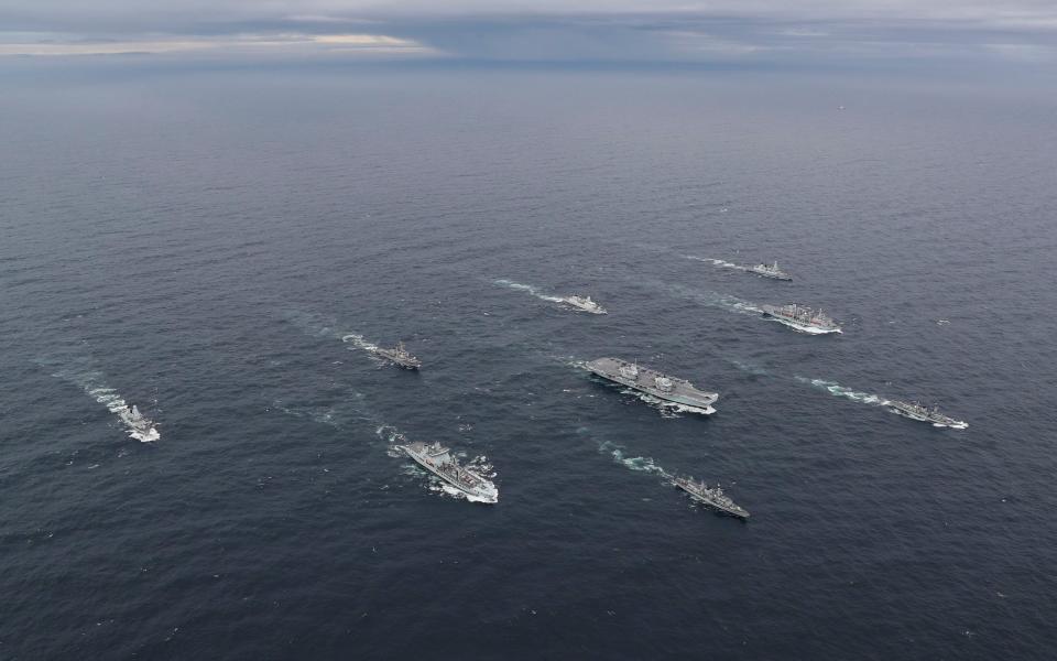 The full UK Carrier Strike Group assembled for the first time during Group Exercise  on 4th October 2020 - Royal Navy