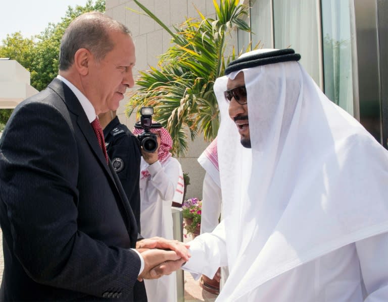 A handout picture provided by the Saudi Royal Palace on July 23, 2017 shows Turkish President Recep Tayyip Erdogan with Saudi Arabia's King Salman