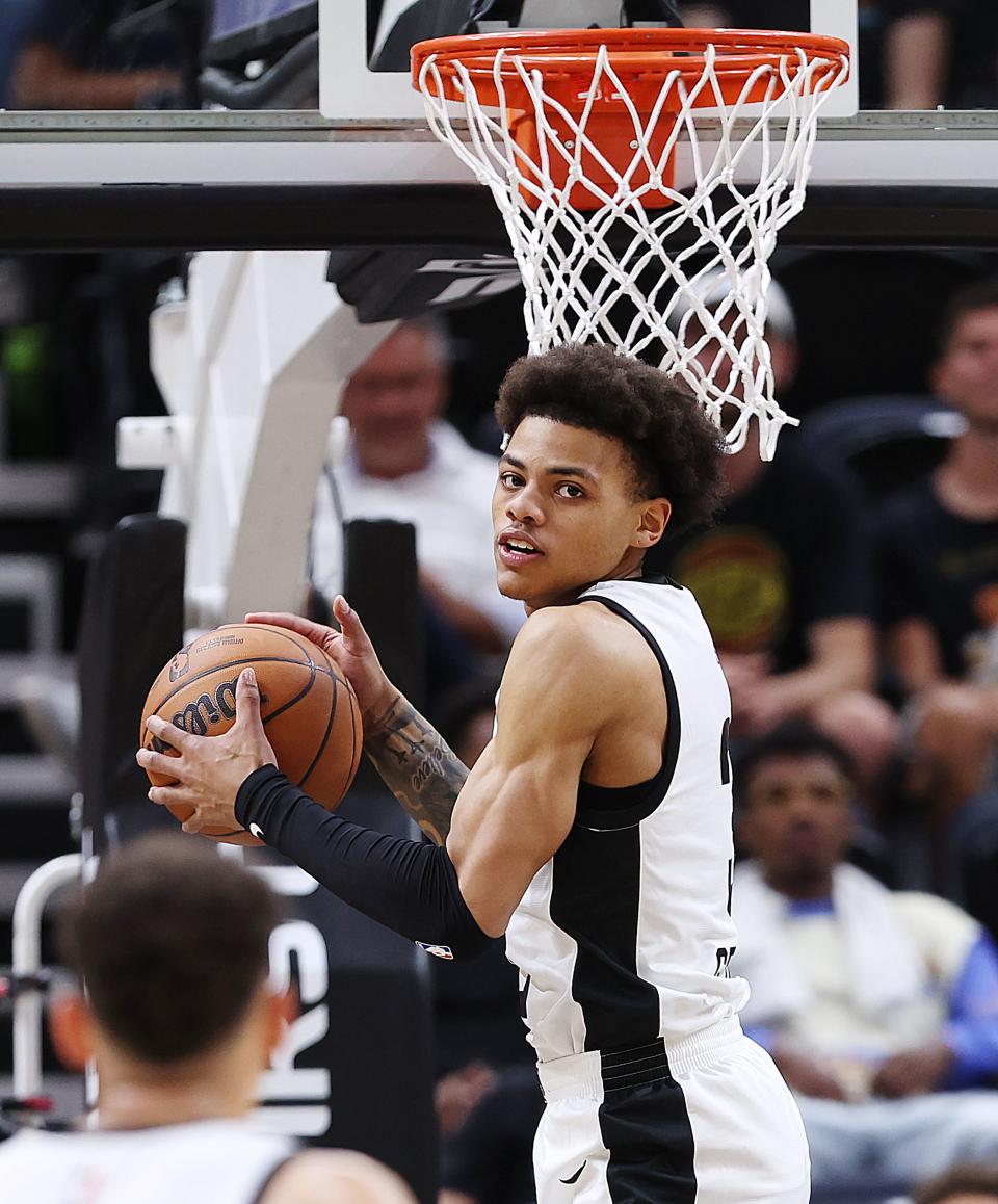 Utah Jazz guard Keyonte George (3) grabs a rebound and looks down court as he turns as the Utah Jazz and Philadelphia 76ers play in Summer League action at the Delta Center in Salt Lake City on Wednesday, July 5, 2023. 76ers won 104-94. | Scott G Winterton, Deseret News