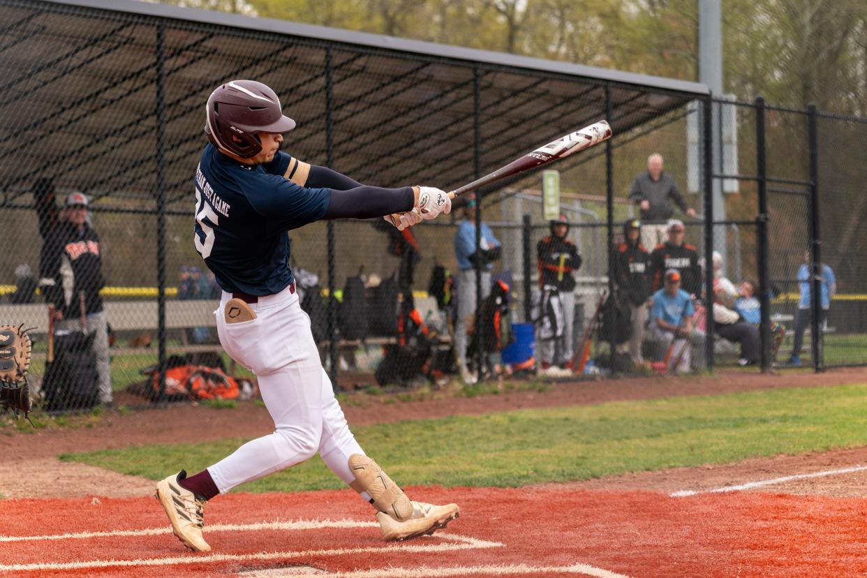 South River's Julius Rosado (25) hits the ball against East Brunswick Magnet on Friday, April 19, 2024 afternoon at the field at North Brunswick Community Park in North Brunswick.