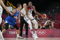 United States's Kevin Durant (7) works the ball against Czech Republic's Jan Vesely (24) during a men's basketball preliminary round game at the 2020 Summer Olympics, Saturday, July 31, 2021, in Saitama, Japan. (AP Photo/Eric Gay)