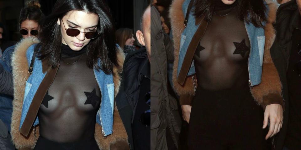 <p><strong>Quand : 21 janvier 2017</strong> <br> Oh, que d’étoiles ! Kendall Jenner a été vue vêtue d’un haut transparent sexy en allant dîner au restaurant L’Avenue entre amis. La jeune femme de 21 ans a décidé d’oublier le soutien-gorge et de recouvrir (en quelque sorte) son corps de cache-tétons étoilés. Trop loin ? <em>(Photo (R) Instagram/Kendall Jenner)</em> </p>