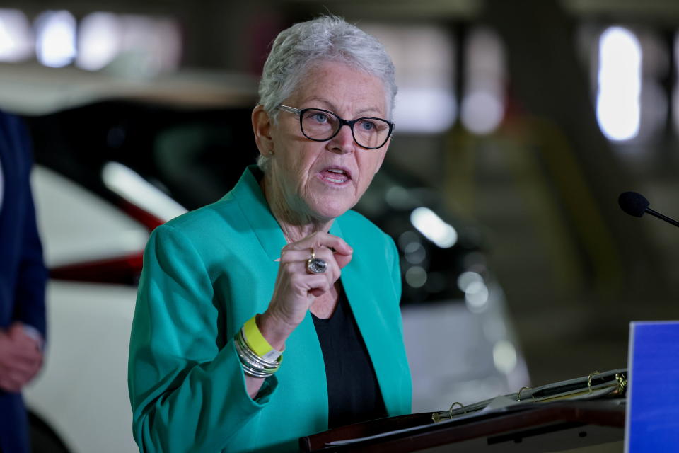 White House Climate Advisor Gina McCarthy holds a news conference in the parking garage at Union Station in front of new EV charging stations in Washington, U.S., April 22, 2021. REUTERS/Evelyn Hockstein