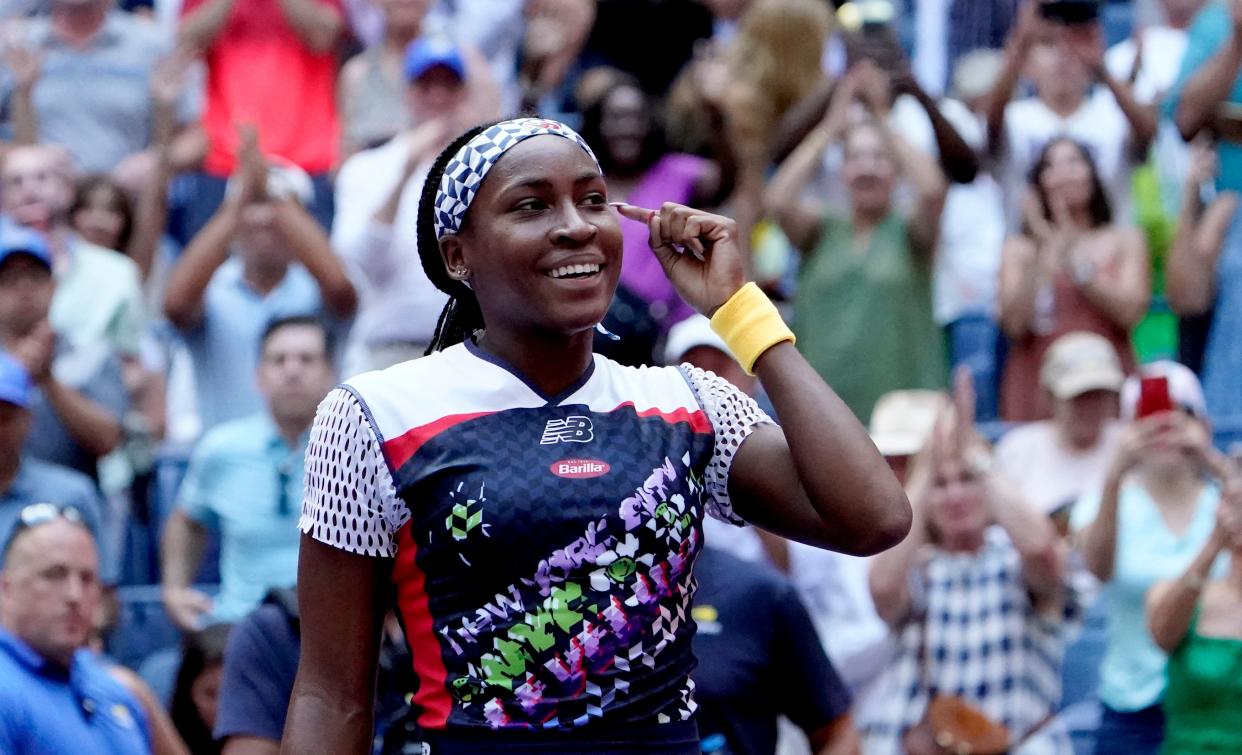 USA's Coco Gauff reacts during match point against Romania's Elena-Gabriela Ruse during their 2022 US Open Tennis tournament women's singles second round match at the USTA Billie Jean King National Tennis Center in New York, on August 31, 2022. (Photo by TIMOTHY A. CLARY / AFP) (Photo by TIMOTHY A. CLARY/AFP via Getty Images)