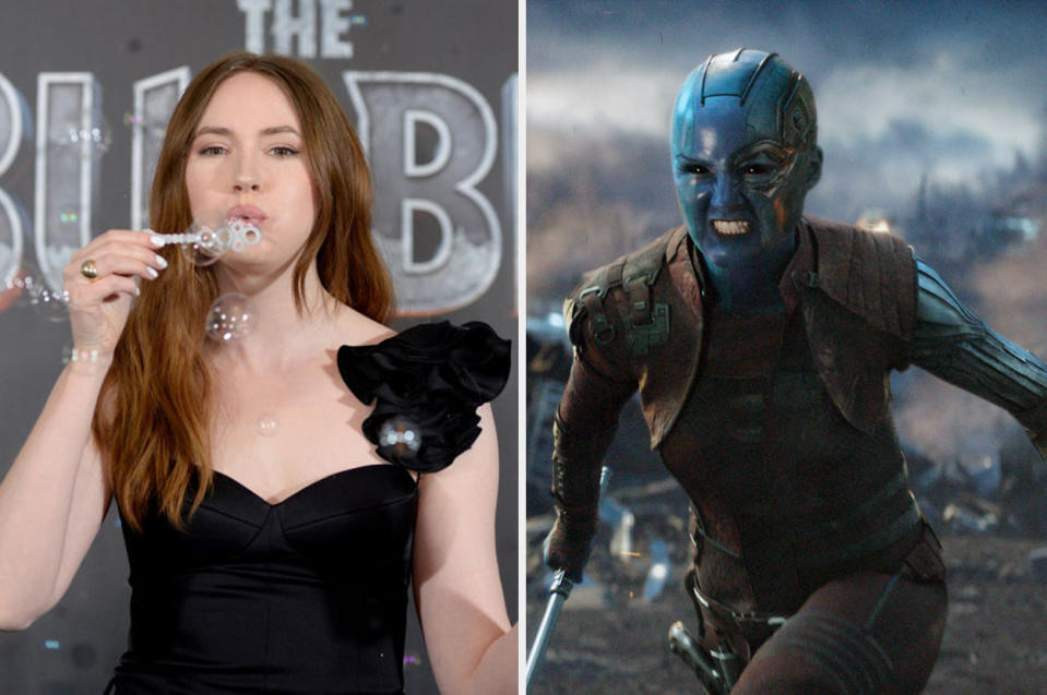 Karen Gillan blowing bubbles and Nebula going into battle