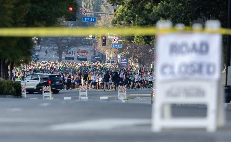 LOS ANGELES, CA MARCH 17: Streets in downtown are blocked for the LA Marathon on Sunday, March 17, 2024. Over 25,000 runners competed this year. (Myung J. Chun / Los Angeles Times via Getty Images)