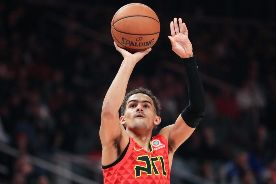 ATLANTA, GA - DECEMBER 27: Trae Young #11 of the Atlanta Hawks puts up a basket during the first quarter of a game against the Milwaukee Bucks at State Farm Arena on December 27, 2019 in Atlanta, Georgia. NOTE TO USER: User expressly acknowledges and agrees that, by downloading and or using this photograph, User is consenting to the terms and conditions of the Getty Images License Agreement. (Photo by Carmen Mandato/Getty Images)