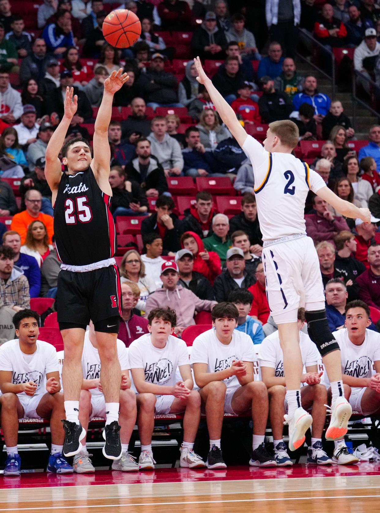 Pewaukee's Nick Janowski (25) goes up for three during the WIAA Division 2 state boys basketball championship against Whitnall at the Kohl Center in Madison on Saturday, March 18, 2023.